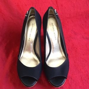 ANTONIO MELANI BLACK CANVAS CORK PLATFORMS SZ 8